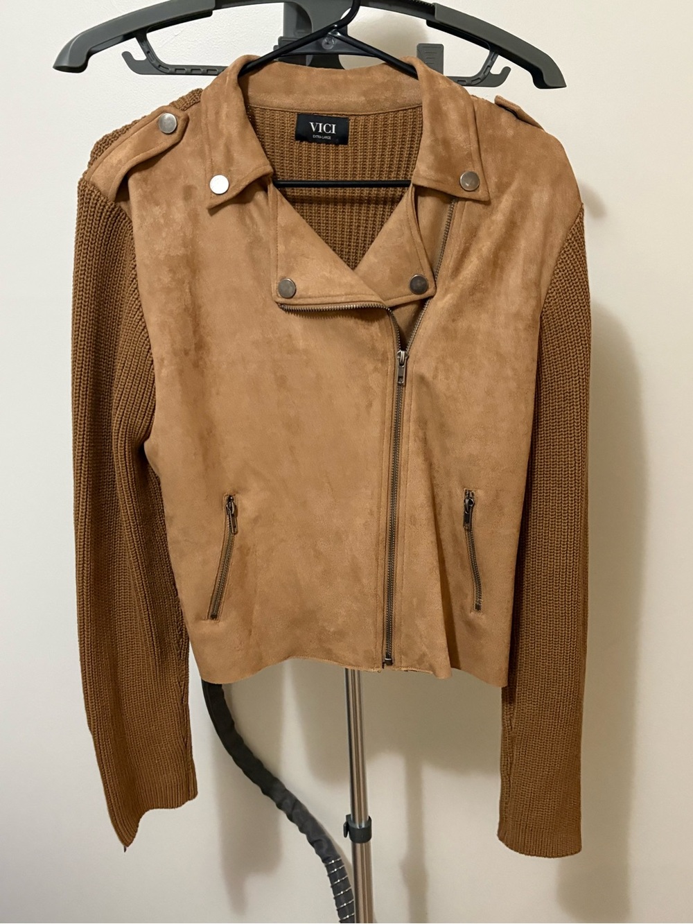 VICI Tan Suede Jacket with Brown Knit Sleeves